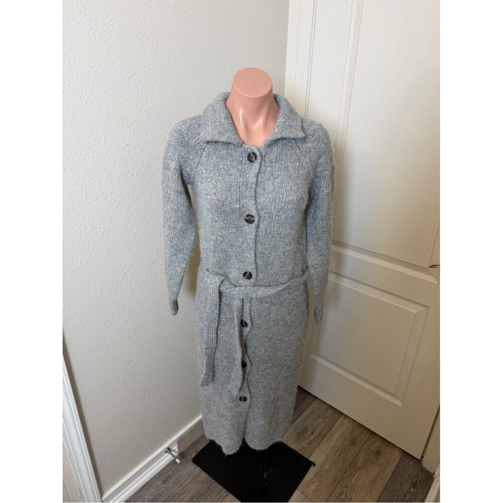 Zara Long Gray Button-Up Knit Cardigan Dress with Belt Sz S